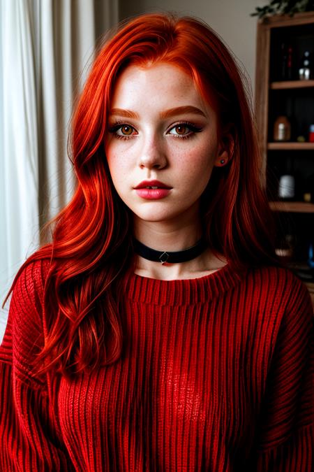 raw photo, (18yo redhead girl:1.2), makeup, graphic eyeliner, rouge, (choker:0.9), realistic skin texture, oversize knit sweater, (red:0.8), softcore, warm lighting, cosy atmosphere, instagram style, <lora:more_details:1>