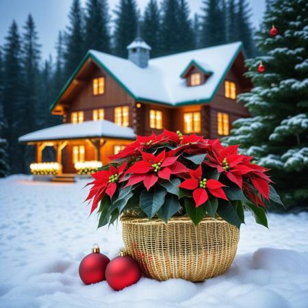 gold basket with fir branches inside with small Christmas balls and green leaves and red poinsettia leaves, in the background snowy fir forest with an illuminated house in the distance