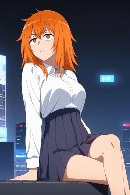 1girl, solo,sitting, cyberpunk cityscape,night city \(city\), stealth in the city,  masterpiece, school uniform, professional artwork, famous artwork, perfect face, orange hair, (glowing eyes:1), beautiful face, intense look, ((perfect female body, narrow waist)), background city,  <lora:Gamo Chan:0.8>