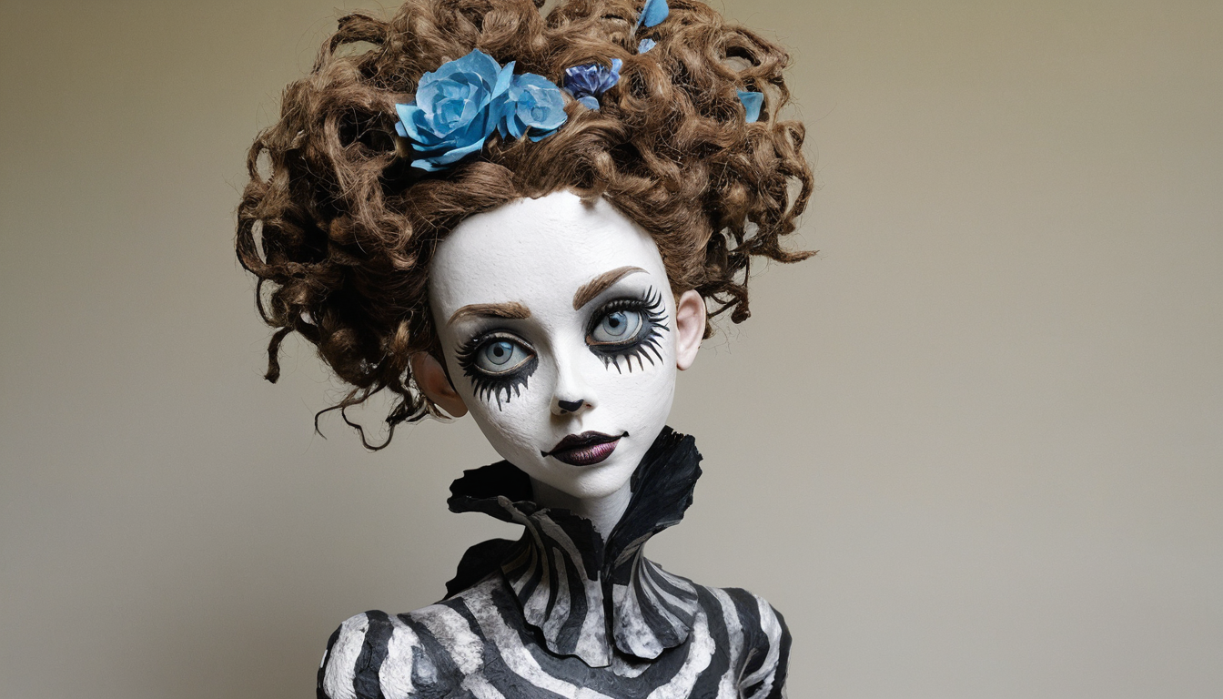 paper mache representation of, full body photo of a 18yo girl, heavy make up, well-litt, , model face, by tim burton,
3D, sculptural, textured, handmade, vibrant, fun