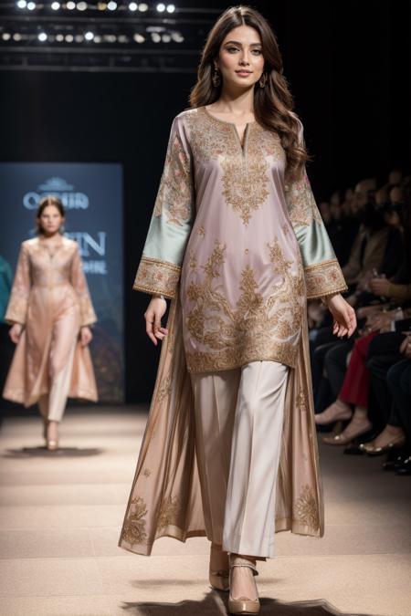 ((best quality)), ((masterpiece)), ((ultra realistic)),(dynamic sexy pose), masterpiece trending on art station of a beautiful Pakistani model walks down the runway at the fashion show during Milan Fashion week in Milan, Italy, xyzsanshalwarqameez, zig-zag pattern, embroidery, pink dress, shalwar, <lora:xyzsanshalwarqameez:0.7>, professional, moody cinematic lighting, masterpiece, realistic, roughness, ultra realistic, masterpiece, (bokeh:1.3), photographed on a Canon EOS R5, 50mm lens, muted colors, F/2.8, HDR, 8k resolution, highres, high detail, sharp focus, smooth, roughness, real life, photorealism, photography, 8k uhd, (motion blur:1.001), <lora:add_detail:0.5> <lyco:GoodHands-beta2:1.0>