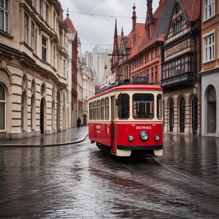 A highly detailed and photorealistic image of a vintage 1950s-1960s tram, specifically a Duwag or a similar model, in a cream and red color scheme. The tram is positioned in the foreground at a three-quarter front angle as it moves through an intersection, turning right along the curved tram tracks. The cobblestone street is wet, glistening with reflections from the overcast daylight filtering through thick clouds. The surrounding scene features a classic Central European cityscape with historic buildings adorned with ornate bay windows, arcades, turrets, and steep, tiled rooftops. The depth of the background extends with more streets continuing in this traditional architectural style, adding to the immersive realism of the scene. High-definition textures, cinematic lighting, ultra-realistic reflections, and natural atmospheric depth.