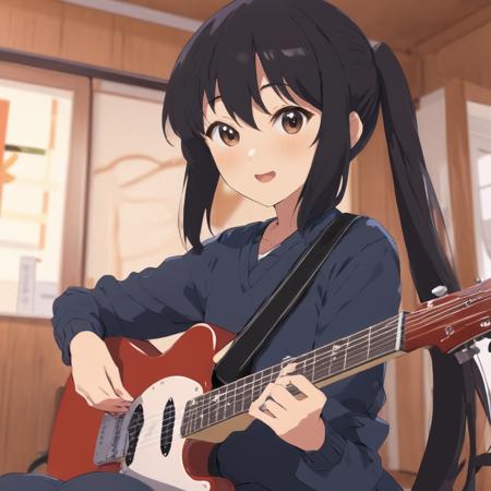 A masterpiece anime professional digital art of a girl named Nakano Azusa playing a mustang guitar at home, closeup portrait, in style of Kyoto Animation, K-ON style  <lora:azusa_xl-000012:1>