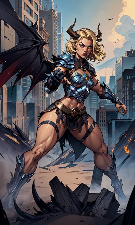 JoeMAD2023, mage, fighting stance, action pose, 1girl, metropolis, 8k, uhd, best quality, cartoon, armor, trending on artstation, vibrant colors, short blonde hair,  short skirt, armored skirt, epic fantasy, dark wings, horns,