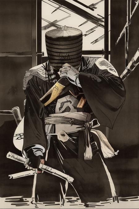 cropped, asymmetric composition,  trasitional media, Japanese pen and ink drawing, by frank miller and Kozure Åkami,  a dark silhouette materializes at the end of the alley - the figure of a lone ninja dressed in a tattered, fluttering robe. His face is partially hidden by the brim of a bamboo hat, from which water cascades. raindrops sparkle with specular highlights, 1bit, , His eyes glow in the dark, and the dim light from the overhead lamp reflects off the polished handle of the katana hanging on his back. His posture is tense, but at the same time deliberate, as if he feels that he is being watched from the shadows. Raindrops drum on his hat, creating a rhythmic, echoing sound, rim lighting,  <lora:Komuso:1> <lora:FrankMiller:1> fm1