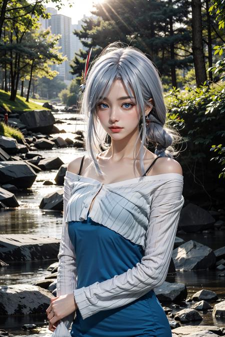 <lora:ShenHe_TongRen:0.8>, shenhe_genshin,1girl, (white hair, long hair), blue eyes,hair ornament, white short shirt, long sleeves, off shoulder, blue long dress, standing, looking at viewer, (smile:0.8), upper body, (cowboy shot,realistic, photorealistic), (masterpiece, best quality, high quality), (colorful),(delicate eyes and face), volumatic light, ray tracing, extremely detailed CG unity 8k wallpaper, outdoors, forest, sunshine, waterfall,