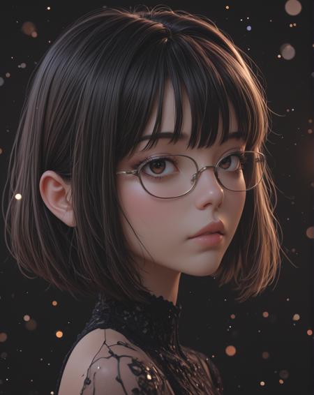Professional photo. 1Girl. Curious expression, eyes focused on data, laboratory setting with digital screens. Sleek lush Angled bob cut hair style. Soft highly detailed beautiful expressive eyes, smooth skin with a slight glow under artificial light. Sleek smart-casual attire with futuristic digital glasses, surrounded by floating holographic data and 3D molecular models. Warm light reflecting off screens. Close-up, face focus. Photorealistic, Natural atmospheric lighting, intricate details, 35mm photograph, film, professional, 4k visuals, highly detailed, elegant, studio quality.