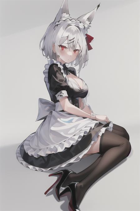 1girl, black legwear, maid, skirt, medium breasts, fox ears, red eyes, white hair, full body, white background, high heels,, masterpiece, best quality,