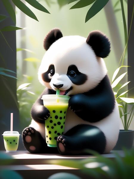 A panda cub bear drinking boba tea, in the style of artgerm, edogawa ranpo, studyblr, jerry pinkney, high resolution, dotted, loose and fluid,