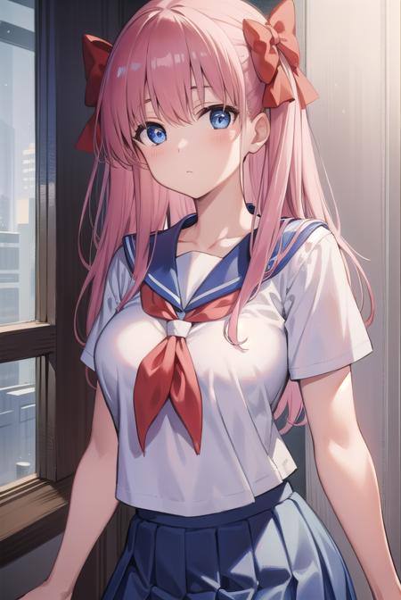 nodokaharamura, <lora:nodokaharamuratest:1>,
nodoka haramura, blue eyes, hair bow, long hair, pink hair, bow,
BREAK blue skirt, kiyosumi school uniform, pleated skirt, school uniform, serafuku, skirt,
BREAK looking at viewer,
BREAK indoors, classroom,
BREAK <lora:GoodHands-vanilla:1>, (masterpiece:1.2), best quality, high resolution, unity 8k wallpaper, (illustration:0.8), (beautiful detailed eyes:1.6), extremely detailed face, perfect lighting, extremely detailed CG, (perfect hands, perfect anatomy),