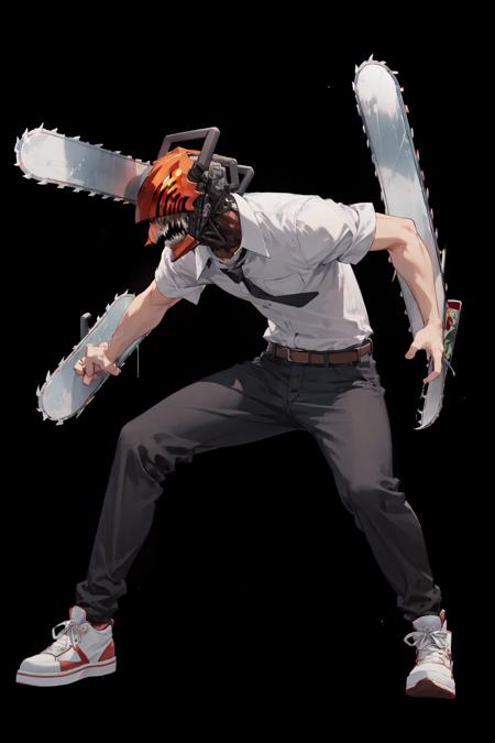 (masterpiece, best quality:1.2), <lora:csm_denji-10:1>, full body, solo, male focus, 1boy, chainsaw man, chainsaw, sharp teeth, open mouth, dynamic pose, collared shirt, black necktie, sleeves rolled up, black pants, sneakers, belt