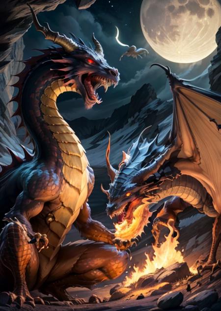 dragonesnomana,red eyes,dragon,wing,nigth,moon,(egg),fire,teeth,gold,cave, <lora:draconic-10:0.75>