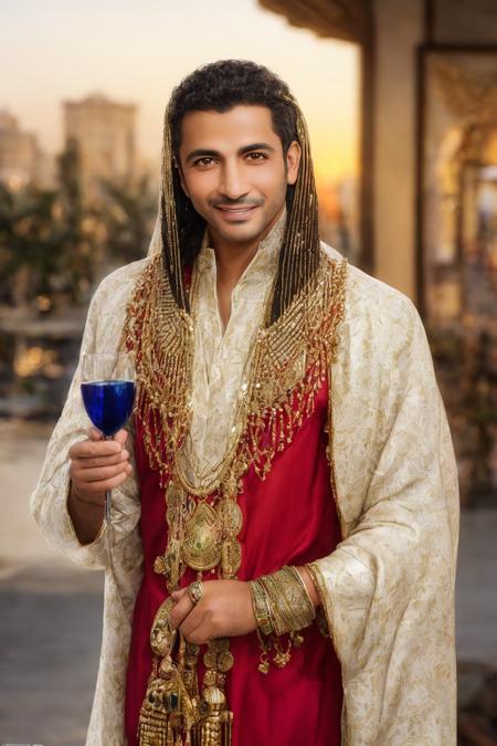 Masterpiece, highest quality, 8k, hdr, RAW digital close-up of a average Egyptian man standing proudly, smiling genuinely at viewer, expensive traditional clothes, discrete jewelry, car dealership, intricate details, at dusk, Artificial lighting and light from sunset coming from outside the frame, realistic lighting, dynamic colors from lighting, hyperrealistic