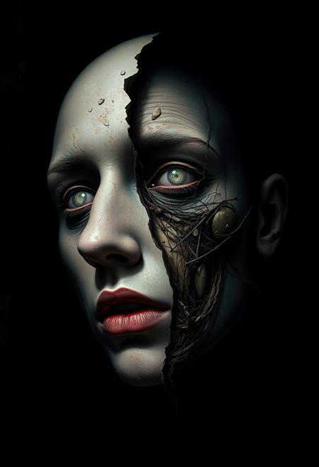 A half-dissolved face with deep shadows, giving the impression of decay and movement
,
hyper-realistic surrealism, geometric retro-futurism, dark yet playful atmosphere, sharp clean lines with painterly textures, bold cinematic color palette, eerie psychological depth, stylized layered compositions, surreal dreamscape with unnatural details, intricate figures against bold graphic shapes