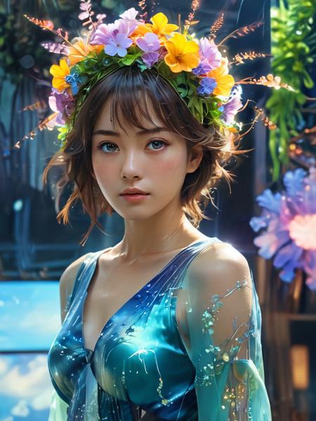 (in makoto shinkai style:1.4), (masterpiece:1.2), (A uniquely beautiful female dressed in attire resembling a fusion of bioluminescent flora and cybernetic enhancements set against a composition that merges fractal patterns with dreamlike landscapes, wearing unique Avant-garde masterpiece attire and headdress:1.1), (upper body portrait:1.1), (The subject is best lit with a shifting pulsating light that accentuates the organic-meets-technological ensemble, The background features a surreal dreamscape with floating islands and cascading waterfalls:1.1), (hyperdetailed:1.1), (intricate details:1.0), (Refined details:1.1), (best quality, masterpiece:1.2), highly detailed textures, (very stylish detailed modern haircut, mesmerizing detailed radiant face, mesmerizing detailed beautiful eyes:1.2)