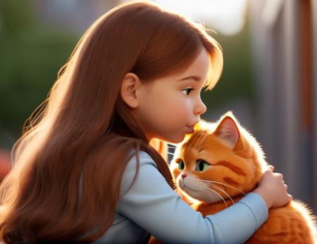 cinematic film still Close up, a Pixar-style (little girl kisses a very huge Orange Garfield cat:1. 2) with an outfit made of cheese only, the cat body bigger than the girl, in an anime style, in the style of zbrush, i can't believe how beautiful this is,peacefull, realistic renderings of the human form, pseudo-realistic, luminous palette, minimalist illustrator, realistic figures, imagination, visual impact, Unreal Engine 5 rendering, skin subsurface scattering, high sampling, high pixel count, extreme facial detail, AAA level, film lighting, expensive commercial retouching, commercial post production studio lighting, 3D animation style, field effect, 8K . shallow depth of field, vignette, highly detailed, high budget, bokeh, cinemascope, moody, epic, gorgeous, film grain, grainy