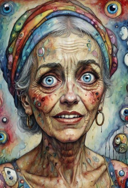 middle aged woman, Lucy ,tristesse ,full of character,hard life, jovial eyes shining style surreal,