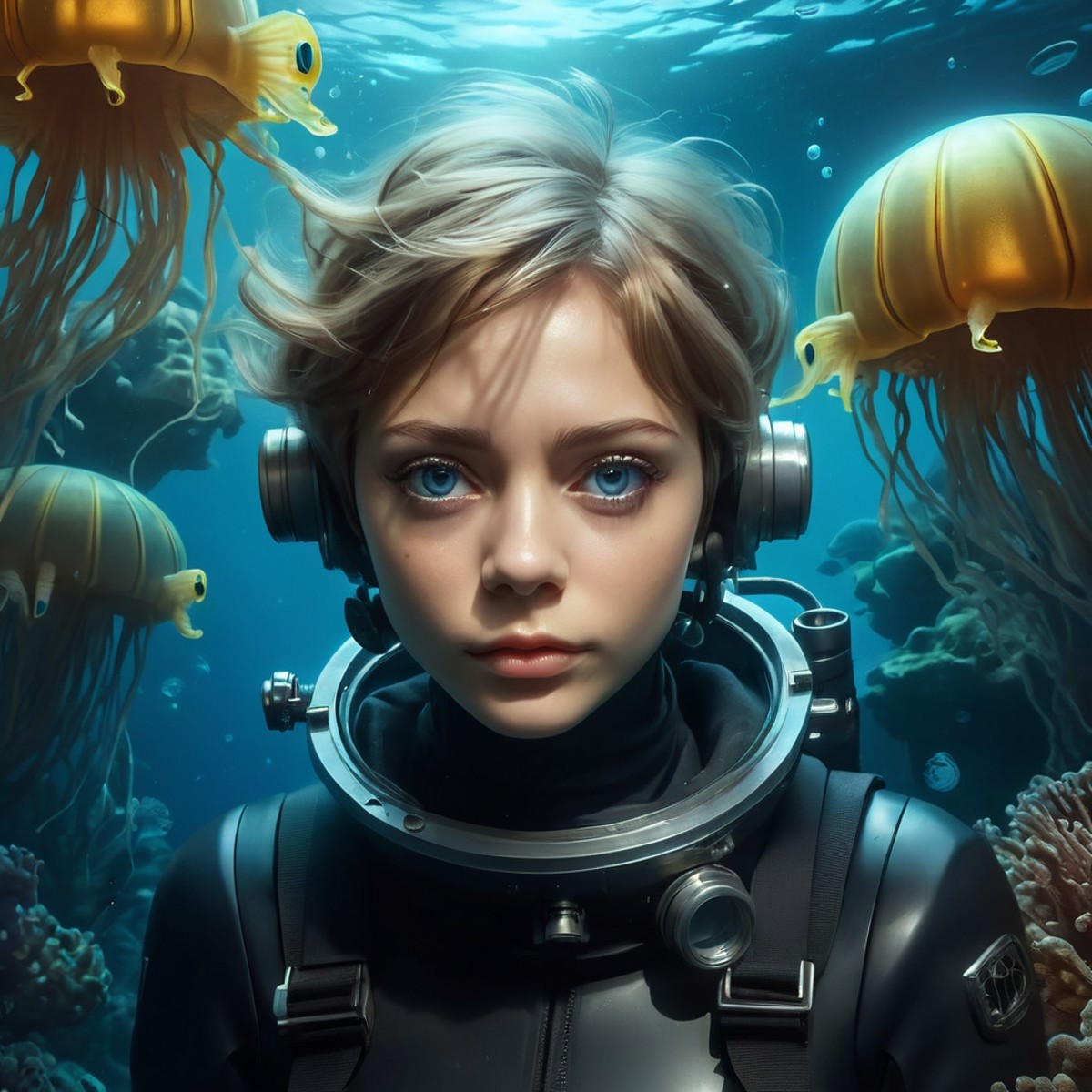 Alisa Selezneva short hair, big blue eyes, in diving suit undersea , with jellyfish, golden ratio, fake detail, trending p...