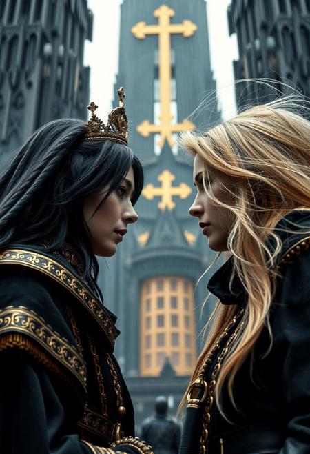 Byzantine empress with black hair, small crown, black and golden robe, angry byzantine female anarchist leader, black outfit, blonde hair, face to face, hair is blowing in the wind, determined faces, cathedral place, black skyscraper cathedral with golden cross. skyscraper, palace guards are around them. monumental architecture, scifi, Dystopian Future, rain, cyberpunk style