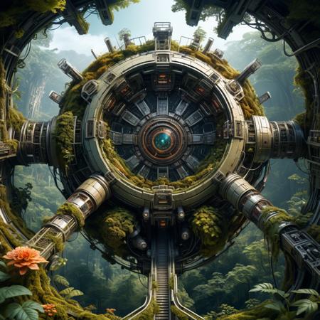 Biomorphic stunning abondend space station ruin in forest biomechanical interface maximalist perfect illustration, digital painting art, scifi, futuristic, utopian, machine parts, body parts, wires, circuits, highly detailed, floral, octane render, cinematic, aerial look from above, hauntingly surreal, highly detailed and intricate, rich deep colors, intricate artwork masterpiece, ominous, matte painting movie poster, golden ratio, intricate, epic, artistic masterwork by head of prompt engineering  <lora:xl_more_art-full_v1:0.5> <lora:add-detail-xl:2>