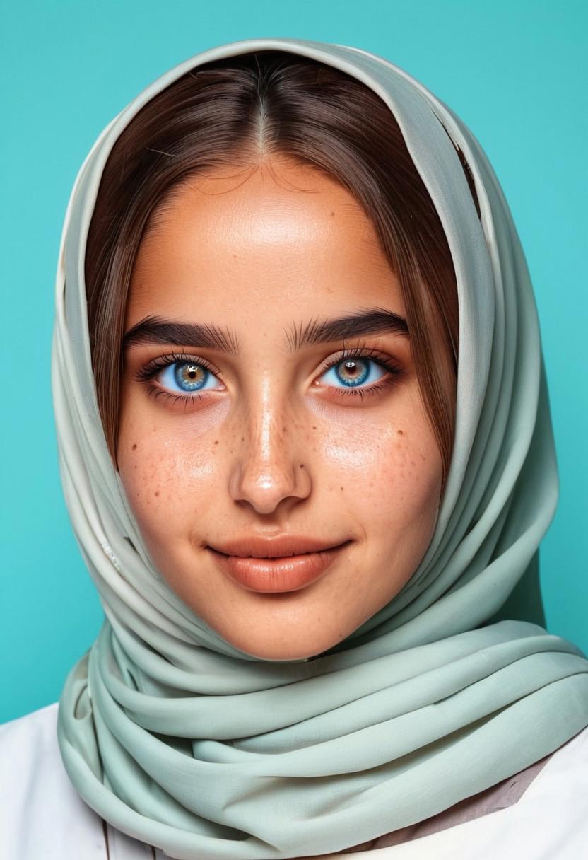 a woman realstic with brown hair ,hazel blue eyes , brown skin , light freckless ,influencer instagram, belarusian, hijab