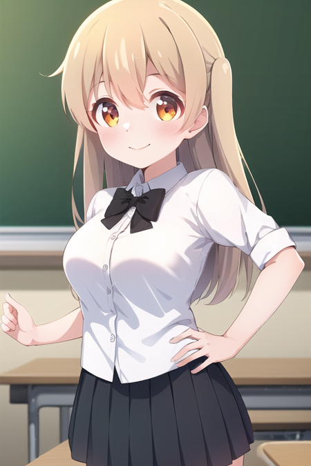 (masterpiece), (high quality:1.4, best quality:1.4), cowboy shot, classroom, 1girl, blonde hair, orange eyes, closed mouth, school uniform, white shirt, collared shirt, black bowtie, medium breasts, plaid skirt, pleated skirt, minagi koharu