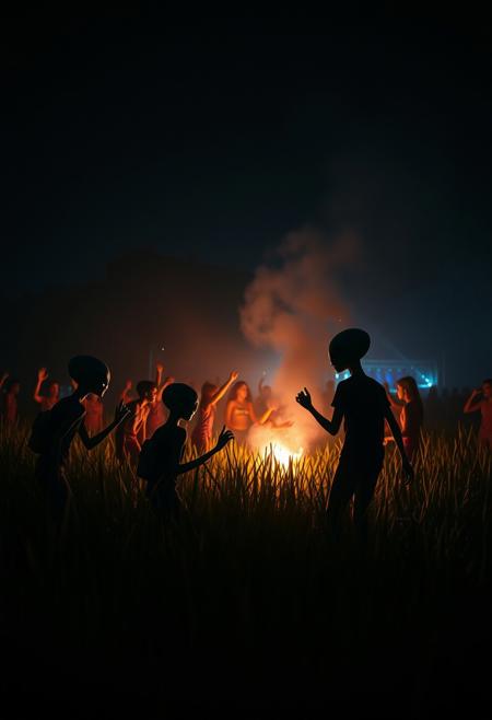 cinematic, imagine a rave party with aliens, the action takes place at night in a field, the rave party is spontaneous, the aliens are celebrating the end of the school year, the aliens do like humans but worse!photographed with a Canon EOS R5 F1.2 ISO100 35MM, DOF.