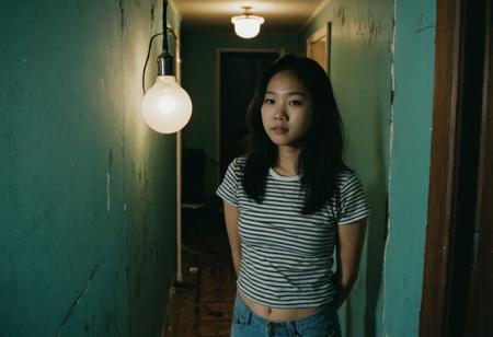 (ultra-wide angle lens:1.3), candid cinematic portrait of a young Asian woman in a striped t-shirt standing in a moody vintage apartment, body slightly turned, looking past the camera, soft relaxed expression, single exposed glowing light bulb hanging beside her, warm light casting soft shadows on her face and wall, subtle rim light and ambient indoor glow, background with teal peeling paint wall, round mirror reflecting bulb, doorway to dark hallway, visible wires and apartment clutter, analog film style, slight lens distortion, film grain, emotionally quiet atmosphere
 <lora:JuggerCineXL2:1>