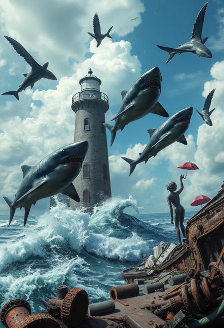 surreal scene, flying sharks, broken lighthouse, warship wreck, humanoid sculpture, umbrellas, distorted reality, (dreamlike:1.3), detailed sky, ocean waves, rusted metal, decayed environment, dramatic lighting, high resolution, photorealism, artistic composition, (eerie atmosphere:1.2), intricate details, (blurry:-1.1), (ugly:-1.3), (cartoonish:-1.1), (low quality:-1.1), (lowres:-1.1), (bad anatomy:-1.1), (poorly rendered:-1.1), (overexposed:-1.1), (flat colors:-1.1), (noisy:-1.1), (disjointed elements:-1.1), (bad composition:-1.3), (unbalanced:-1.1)