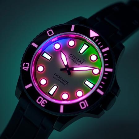submariner watch with fluorescent green dial, pink neon glowing hands, mate black finished, with the text in "Civitai" inside dial