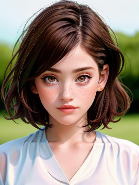 Realistic photo of a beautiful g3mm44 woman, 1girl, solo, short hair, brown hair, shirt, brown eyes, outdoors, blurry, lips, looking to the side, depth of field, blurry background, portrait, freckles, realistic, soft lighting, professional Photography, Photorealistic, detailed, RAW, analog, sharp focus, 8k, HD, high quality, masterpiece<lora:g3mm44:1.0>