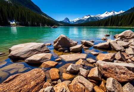Photograph the emerald waters of Lake Espiel in Yoho National Park, Canada with rocky banks and snow-capped mountains visible on the horizon. Use a Canon EF lens for close-up shots to capture the texture of the rocks and water. The surrounding pine forest adds depth to the scene