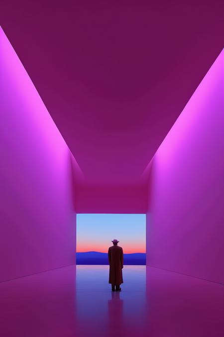 <lora:James Turrell Style:1>James Turrell Style - Produce a captivating and evocative painted portrait of the acclaimed artist James Turrell immersed within one of his mesmerizing skyscapes. The portrait should capture Turrell's distinct features and essence while seamlessly integrating him into the awe-inspiring environment of one of his skyscape installations. Pay close attention to the interplay of light and color that defines Turrell's work, ensuring the portrait reflects the ethereal qualities and serene ambiance characteristic of his art. The choice of colors should be inspired by Turrell's own color palette, with soft, dreamlike hues that create a sense of tranquility and introspection. The final painting should skillfully depict Turrell within the skyscape, merging his presence with the ethereal surroundings in a way that captivates the viewer and invites contemplation. This artwork will serve as a homage to James Turrell's artistic vision and his unique exploration of light and perception.