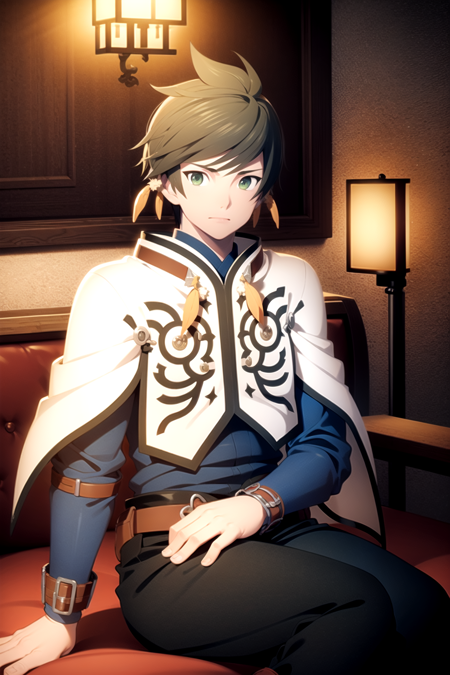 masterpiece, best quality, 1boy,  sorey,  solo, sitting, brown hair,  green eyes, cape, earrings, male focus, bedroom  <lora:Sorey:1>