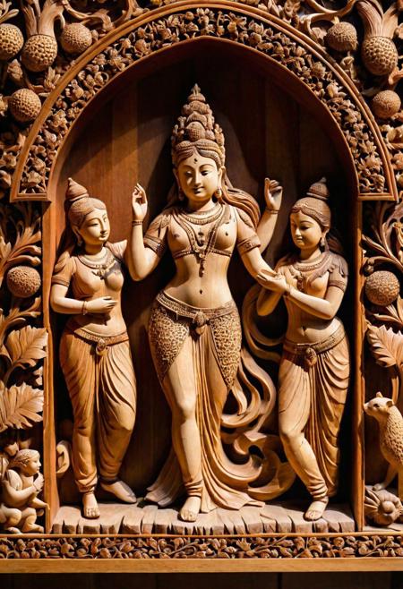 Masterful craftsmanship, intricate wooden art, exceptional quality, ultra-detailed, UHD, depth of field showcasing rich, natural wood grains. A symphony of carved figures, each with minutely detailed expressions and postures, set against a backdrop of a lush forest scene carved in relief. The play of light and shadow accentuates the textures, highlighting the artistic skill in transforming wood into a tableau of life, all captured in a warm, earthy palette