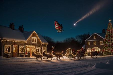 Steampunk style, realistic photo, winter landscape, small village, evening, night time, (santa claus flying++ with sleight over village)++, 12 reindeers in front of sleight, steampunk sleight, focus on sleight, brass machine parts, steam gauges, santa claus sitting in sleight, side view