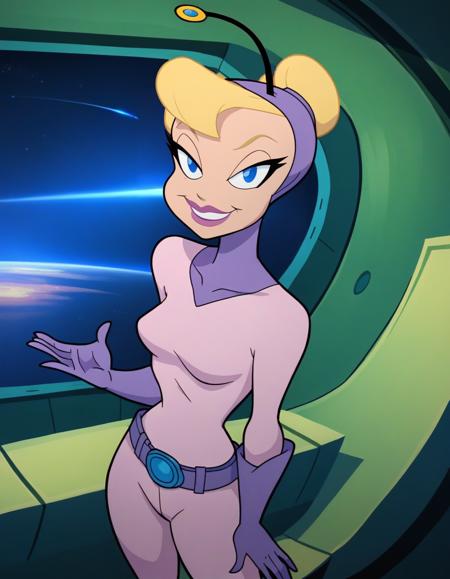 xnewcadetx, blonde hair, hair bun, blue eyes, makeup, lipstick bodysuit, covered head, antennae, gloves, belt, high heel boots