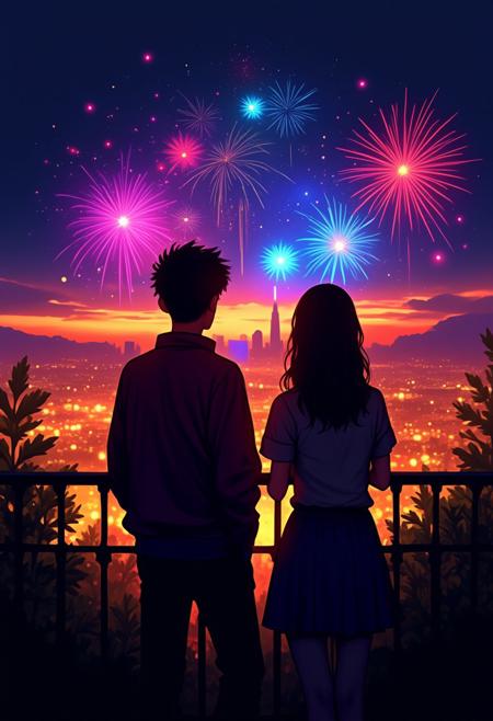 ffdac, a couple, standing on a balcony, watching fireworks, cityscape, night