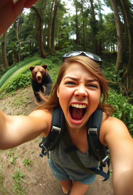 Selfie, fisheye lens, photorealistic girl traveller screaming and running : in the background, angry bear, jungle