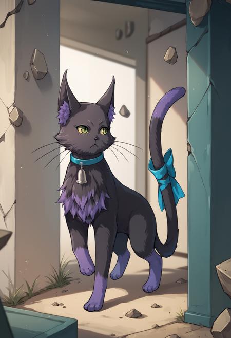 c3line,cat,feral,black fur,purple fur,chest tuft,inner ear fluff,bell collar,tail, tail bow,whiskers,