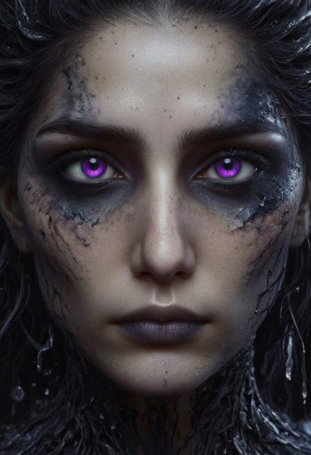 Completely black screen, absolutely nothing, pure black, detailed, but the old goddess with glowing darkviolet eyes are rising, FastNegativeV2, ral-dissolve