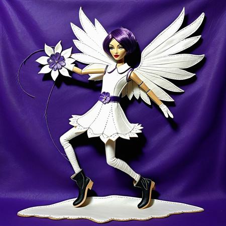 cs-l3ath3r, A female character with fair skin and short, purple hair adorned with a white flower. She is dressed in a vibrant, white and purple outfit that includes a short, frilly dress with a white collar, black thigh-high stockings and a glimpse of her upper thighs, white gloves and matching boots with purple accents, a white belt with a purple gem at the center. The character is equipped with large, wings that have a glowing blue hue. Her arms are outstretched, and she appears to be in mid-flight or leaping, suggesting motion and energy. The background is a futuristic city landscape.