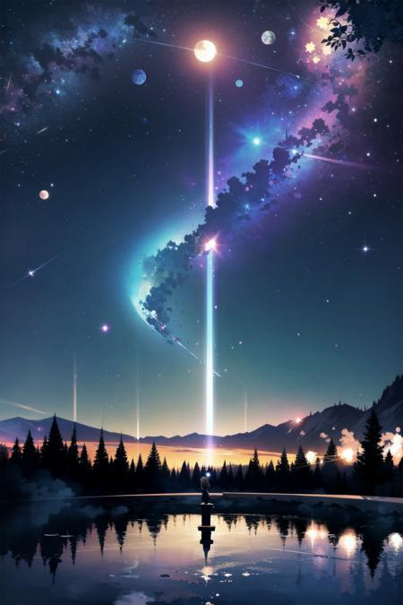 masterpiece, masterpiece, ultra-detail, meteor shower, comet, moon, starry sky, lake reflection, dreamlike scene, colorful trees, anime CG, exquisite image