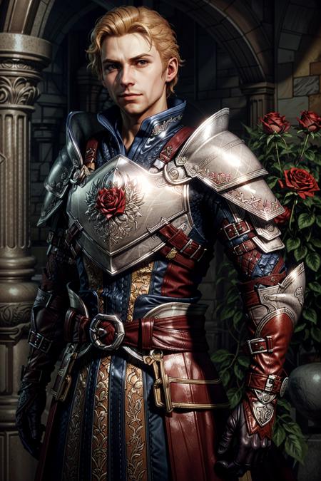 (masterpiece, best quality:1.2)
AlistairDA, armor, 1boy, solo, weapon, flower, male focus, sword, rose, holding, blonde hair, sheath, gloves, brown gloves, red flower, belt, sheathed, red rose, holding weapon, breastplate, looking at viewer, scabbard, chainmail
<lora:add_detail:0.7> <lora:epi_noiseoffset2:1> <lora:AlistairDA:0.8>