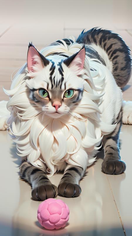 cute furry cat on floor, playing with pink fur ball