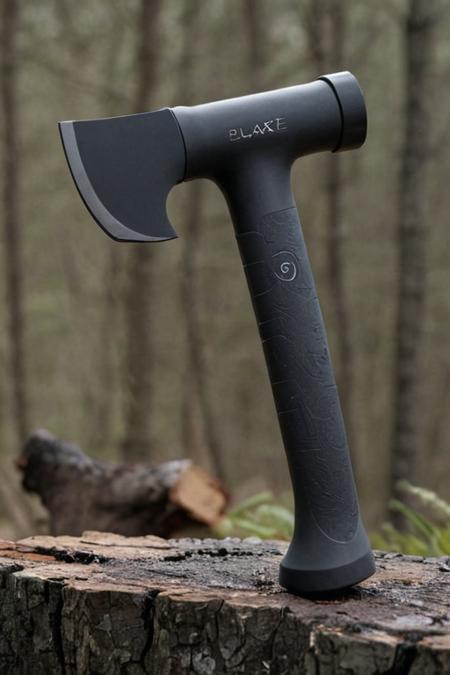 black axe with ergonomic handle and t,  outdoors in nature ((daniellepik)), ((lemanoosh)), product shot, sleek minimalist futuristic product design <lora:Sleek_Product_Design:1>
