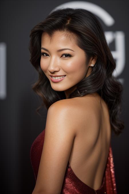 k311yhu wearing backless gown on the red carpet, back shot, looking over shoulder to camera, teeth, smile, long wavy brown hair, <lora:Kelly_Hu_PMv1_Lora:1.3>,, high quality photography, 3 point lighting, flash with softbox, 4k, Canon EOS R3, hdr, smooth, sharp focus, high resolution, award winning photo, 80mm, f2.8, bokeh, ((Glamour Shot)), detailed skin texture, (blush:0.5), (goosebumps:0.5), subsurface scattering