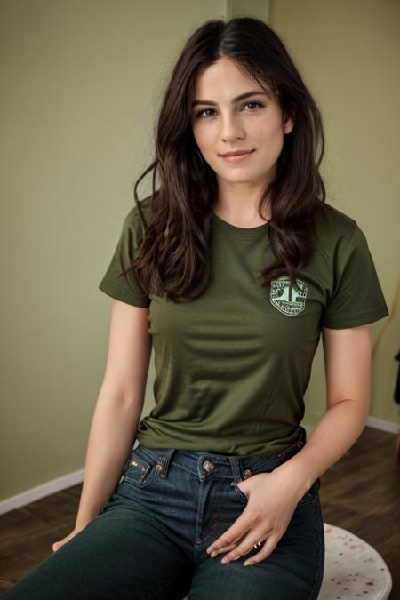 wearing a  lawn green tshirt, jeans,  birthday party  <lora:Monica1873Bar:1> a woman, m1873b, solo,