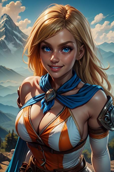 cassandra, blonde hair, blue eyes, long hair, 
solo, smile, 
upper body, morning, clouds, mountains,
 (insanely detailed, beautiful detailed face, masterpiece, best quality) 
 <lora:CassandraA-10v4:0.7>