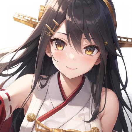 (masterpiece, best quality:1.2),illustration,8k,hd,1girl,solo,upper body,(portrait:1.2),black hair,gold eyes,long hair,hairband,headgear,hair ornament,hairclip,nontraditional miko,japanese clothes,detached sleeves,ribbon-trimmed sleeves,smile,wide sleeves,red skirt,pleated skirt,hakama skirt,waist bow,thigh boots,thighhighs,<lora:Haruna(kan)>,